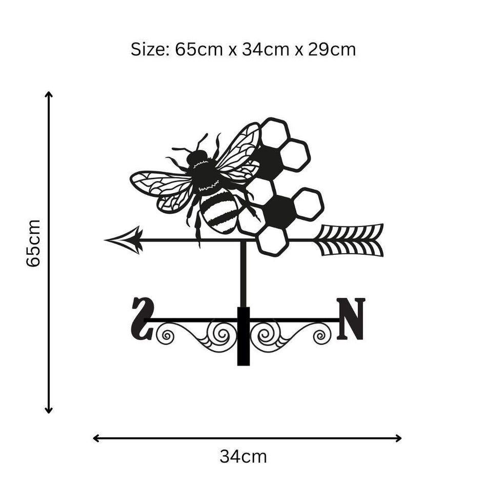 Metal Bee Silhouette Weathervane – 65 x 34 x 29 CM | Decorative Outdoor Wind Vane for Garden, Roof, Fence & Shed