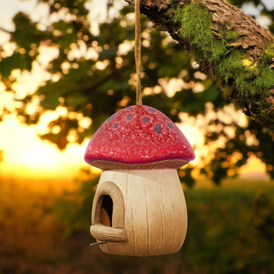 Hand painted Red Terracotta Mushroom Bird House - Garden Décor, Fairy Cottage Style, Outdoor Hanging Birdhouse
