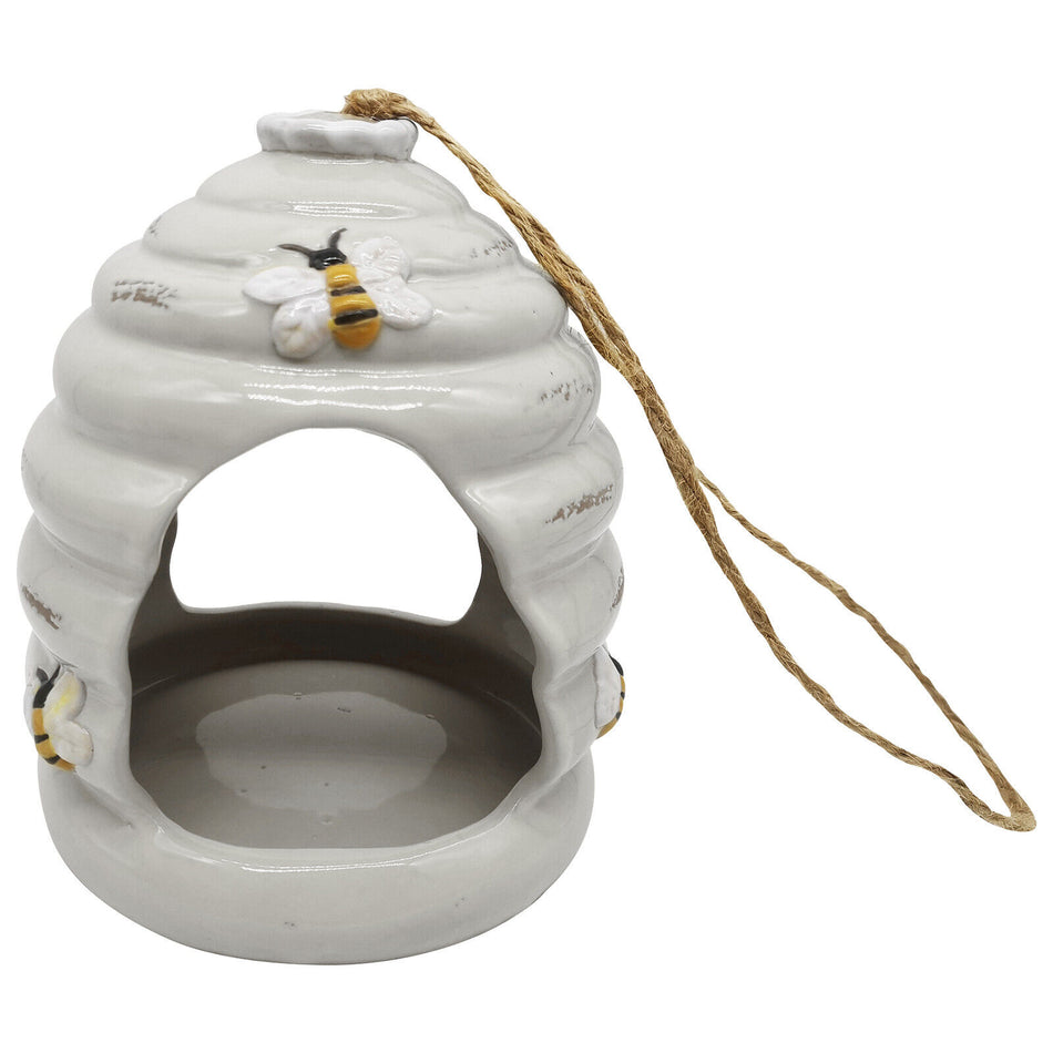 White Ceramic Honey Pot Bird Feeder, Decorative Garden Bird Feeder
