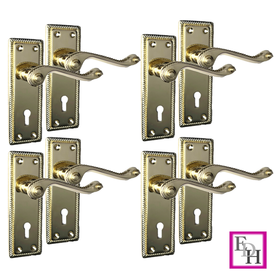 Georgian Style Scroll Brass Finish Door Handles, Internal Door handles 4 Sets.