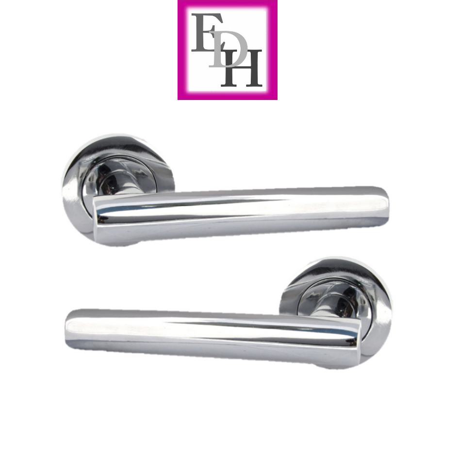 Modern Chrome Straight T-Bar Door Handles with Round Rose + Tubular Latch