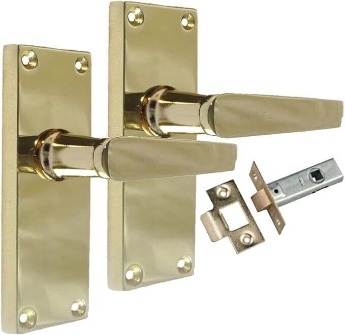 Interior Door Handles Victorian Straight Lever Latch Brass Finish + Tubular Latch, 6 Pairs