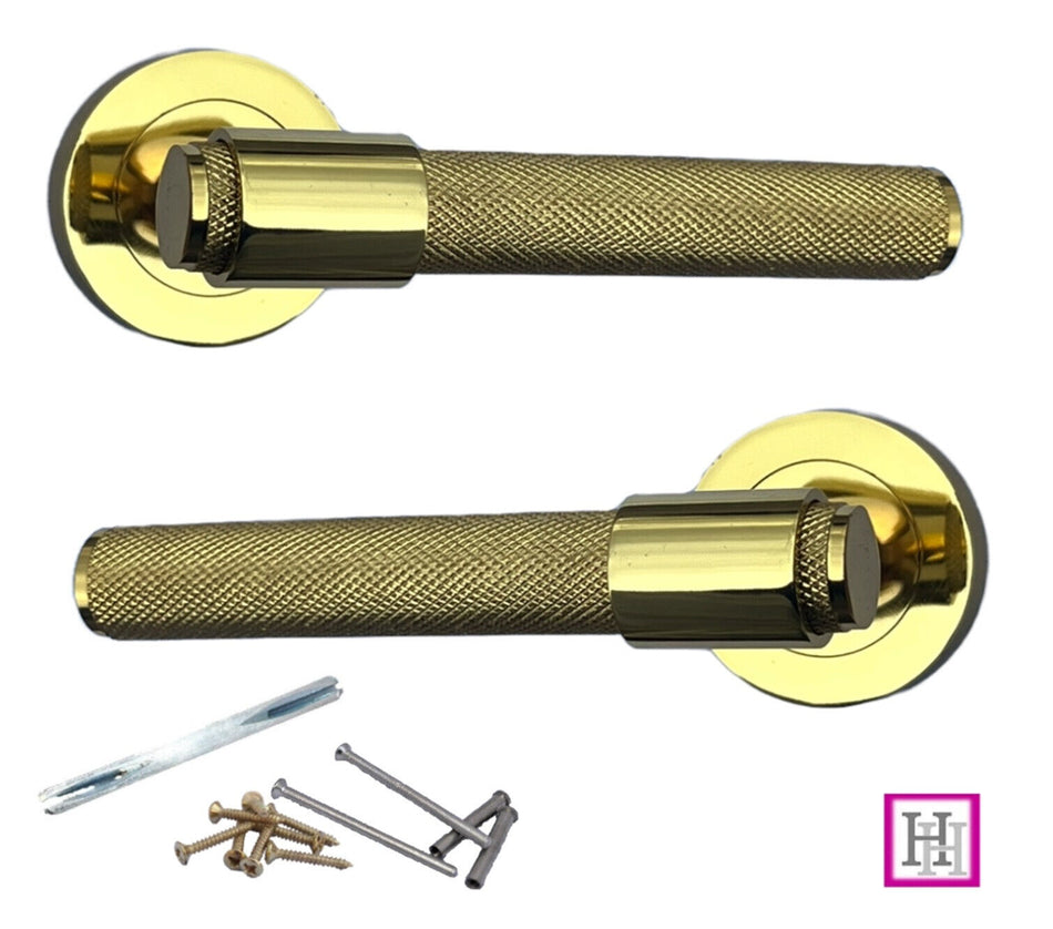 Knurled Door Handles Polished Brass Loop & Neck On Round Rose Latch Handle, 6 Pairs