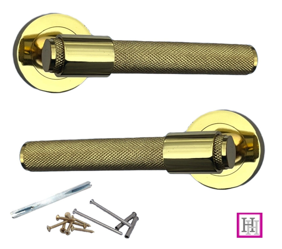 Knurled Door Handles Polished Brass Loop & Neck On Round Rose Latch Handle, 4 Pairs