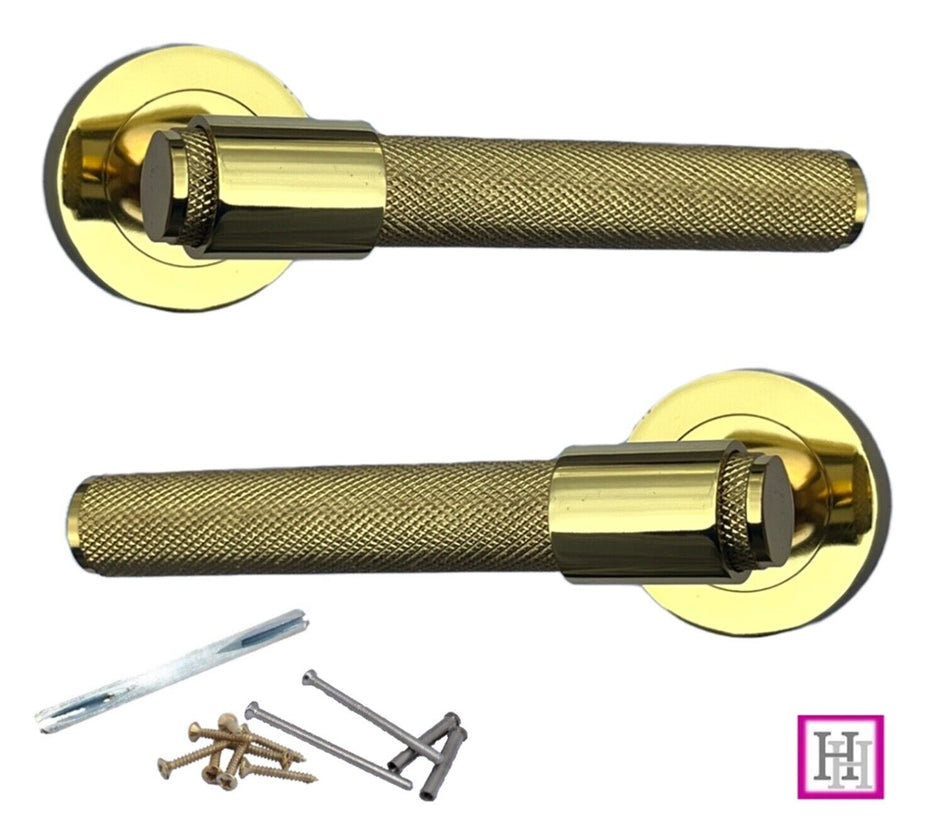 Knurled Door Handles Polished Brass Loop & Neck On Round Rose Lach Handle