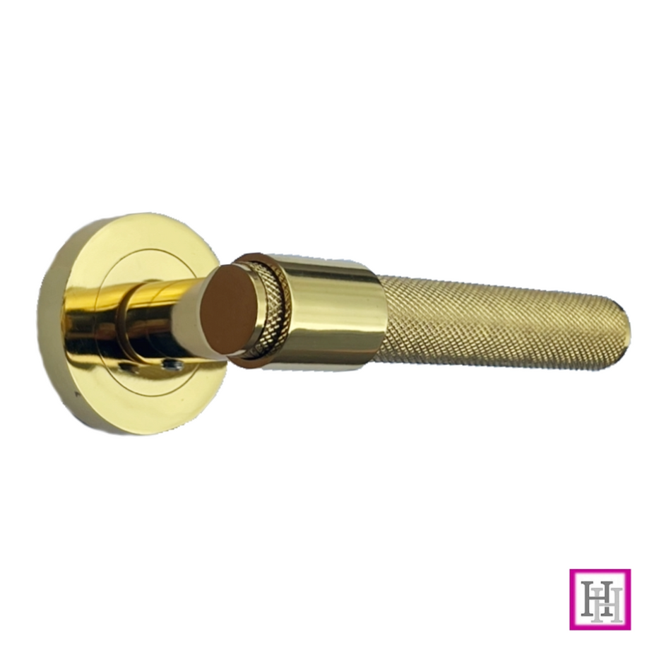 Knurled Door Handles Polished Brass Loop & Neck On Round Rose Lach Handle