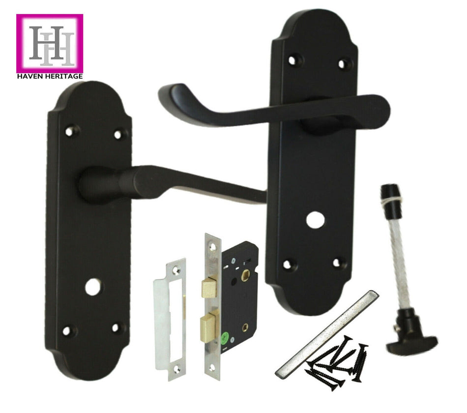 Matt Black Victorian Scroll Bathroom Door Handles With Sash Lock Epsom Pack