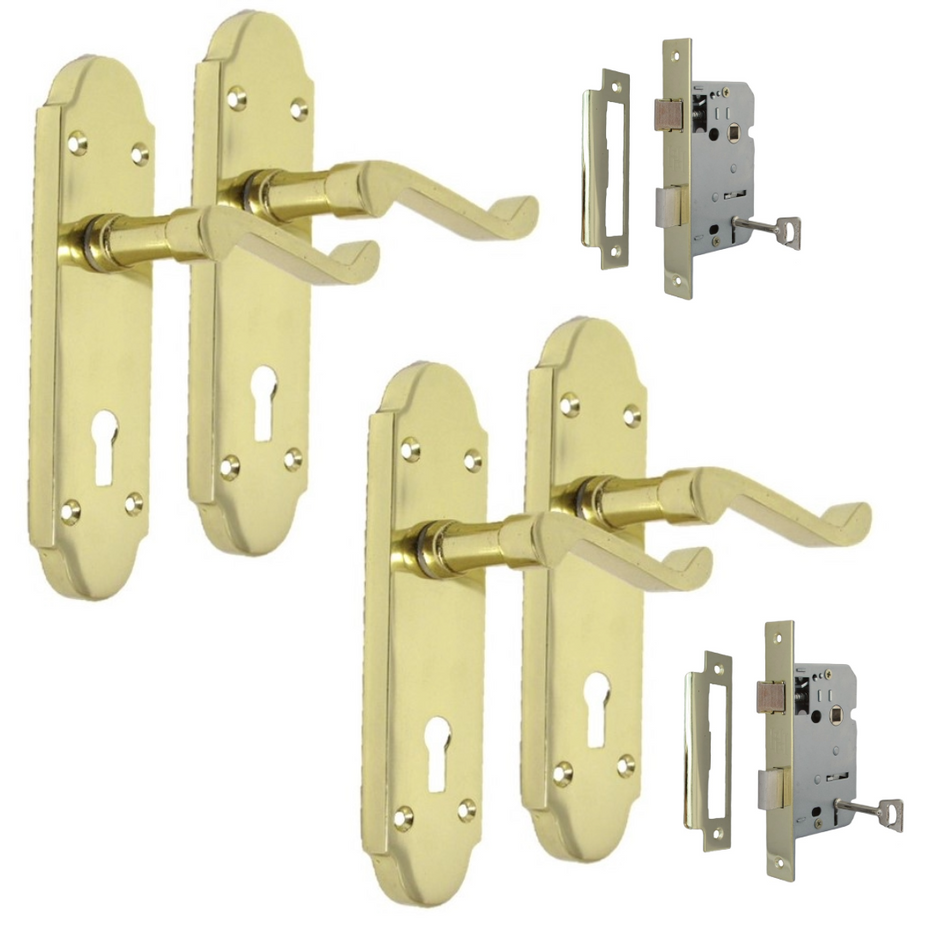 Brass Finish Epsom Victoria Scroll Lock Door Handles On Back Plate & Lock x2