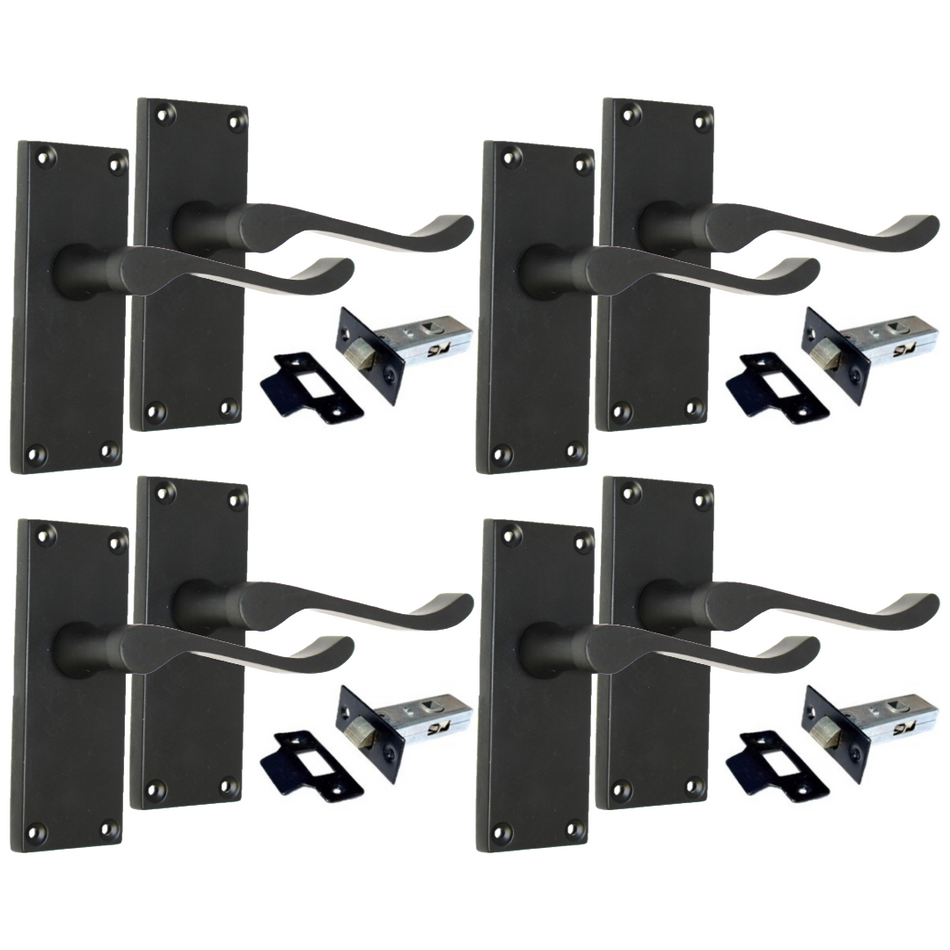Matt Black Victorian Scroll Door Handle Lever Latch, Including Tubular Latchx4.a