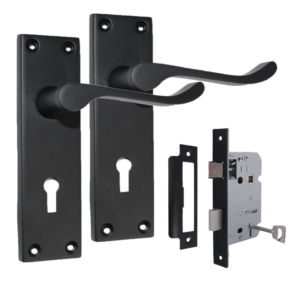 Door Handles Matt Black Finish Victorian Scroll Lock, Lever Lock & Keys.1