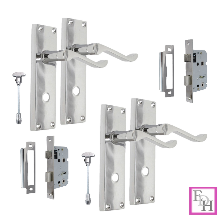 Chrome Bathroom Victorian Style Door Handle Privacy Lock + Bathroom SASH Lock x2