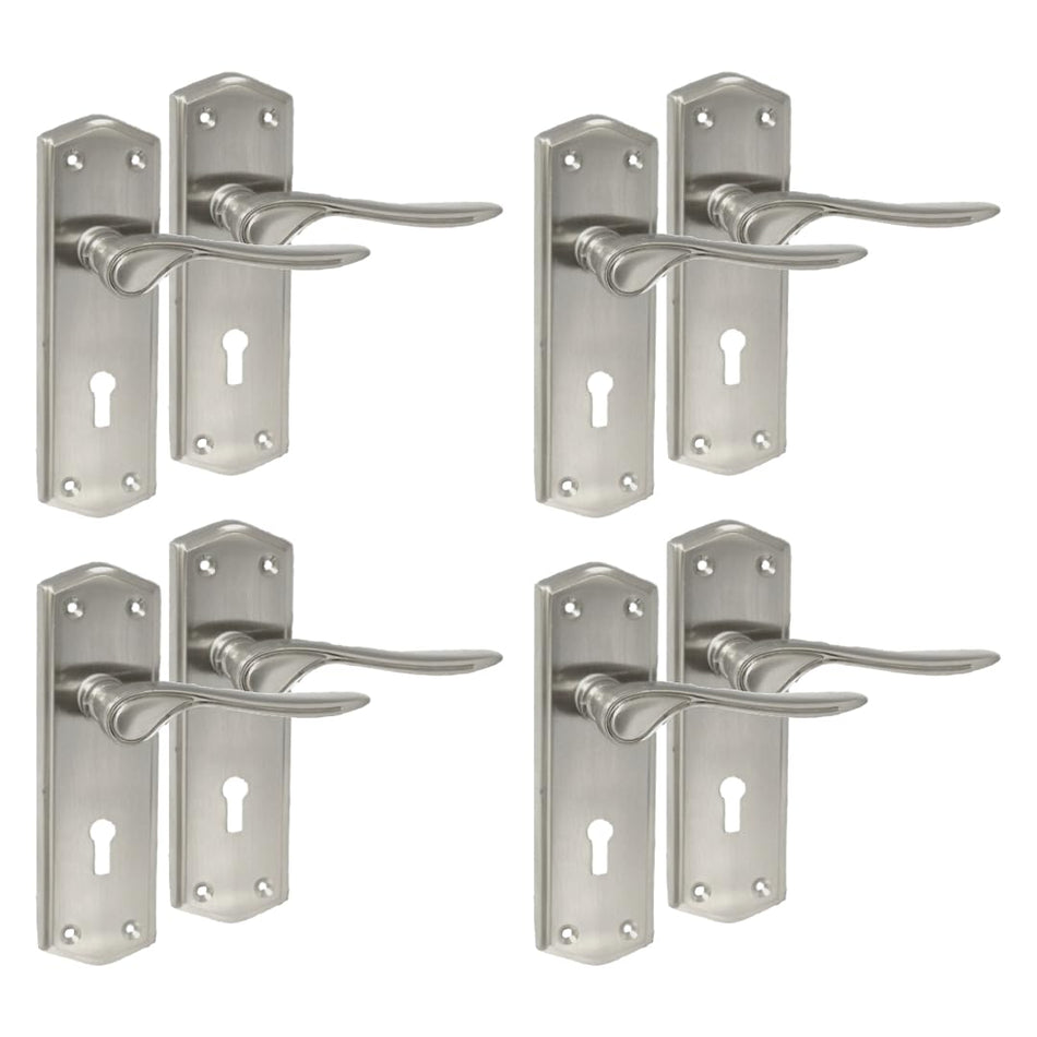 Premium Satin Nickel Internal Lock Door Handles with Long Back Plate and 3 Lever Mortise Sash Lock - Stellar Design, 4 Pairs of Lock Handles
