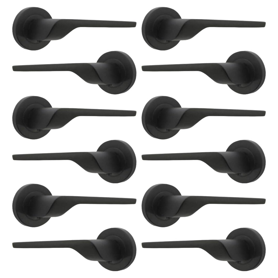 Modern Matt Black Lever on Rose Plate Door Handle Set – 6 Pairs, 52mm Round Rose Plate & 127mm Lever Handle – Contemporary Interior Door Hardware