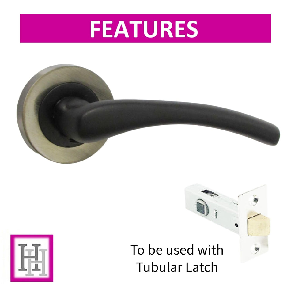 Zena Design Modern Matt Black Door Handles Internal & External Use - Black Matt Black Lever Latch with Antique Rose, 6 Pairs