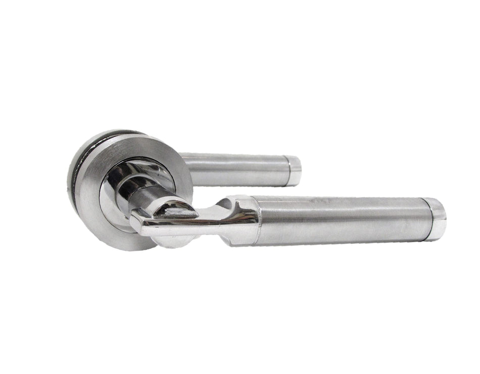 Haven Heritage Door Handles Lever on Round Rose, Duel Satin Nickel/Polished Chrome Electra 1 x Pair
