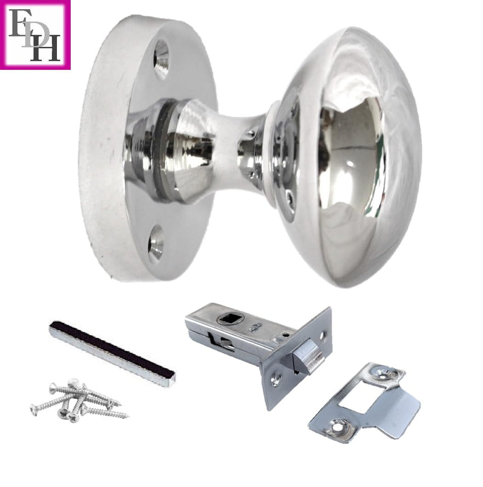 Polished Chrome Round Door Knob Set Including Tubular Latch - Victorian Style Sprung Internal & External Door Knobs for Mortice Locks & Tubular latches (1 Pair of KNOBS)