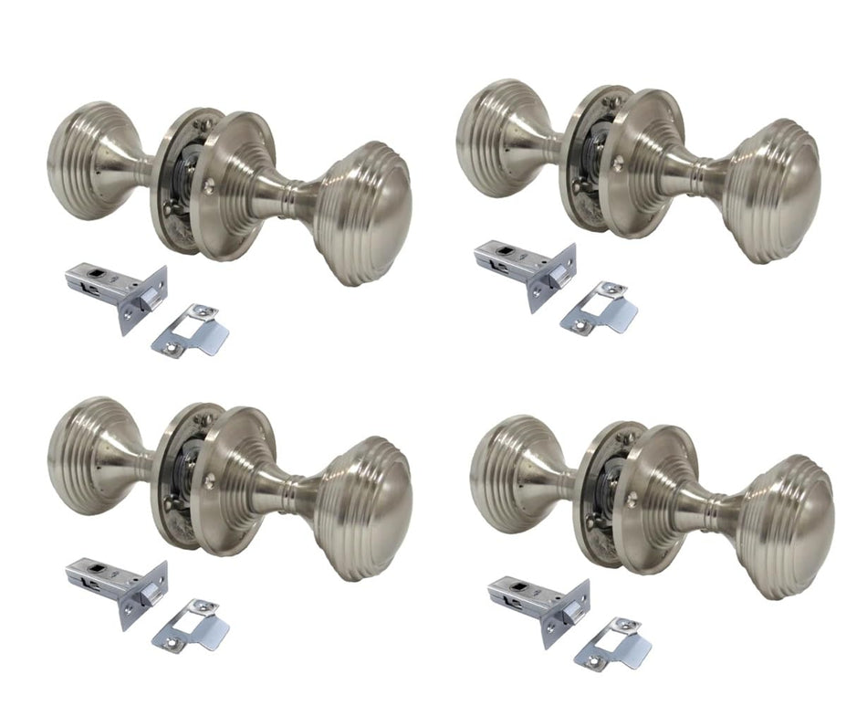 Queen Anne Reeded Mortice Door Knobs, Interior Door Knobs for Home, Round Internal Door Knob with Tubular Latch - Durable Satin Door Knobs (4 Pair of KNOBS + Tubular Latch)