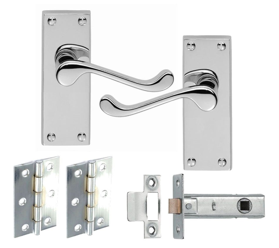 1 Set Of Victorian Scroll Latch Door Handles Polished Chrome Hinges & Latches Pack Sets