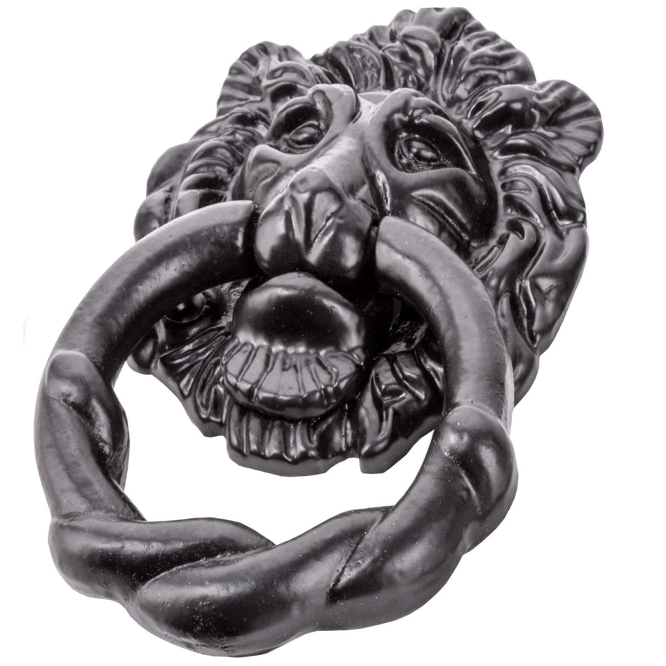 Large Black Antique Lion Front Door Knocker - Fancy & Ornate Iron Head