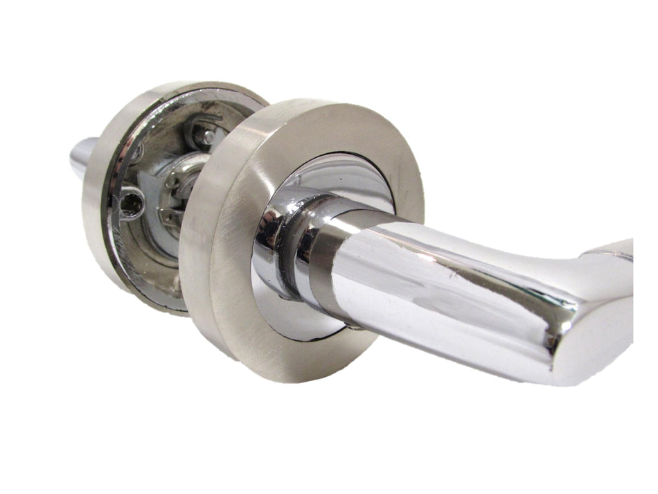 Epsom Door Handle Internal Chrome & Satin Duo Door Handles with Lock and Key - Bathroom Door Handles with Lock, Door Sets 4 Pairs, Lever on Rose Door Handle with Tubular Latch Diameter Approx 52mm