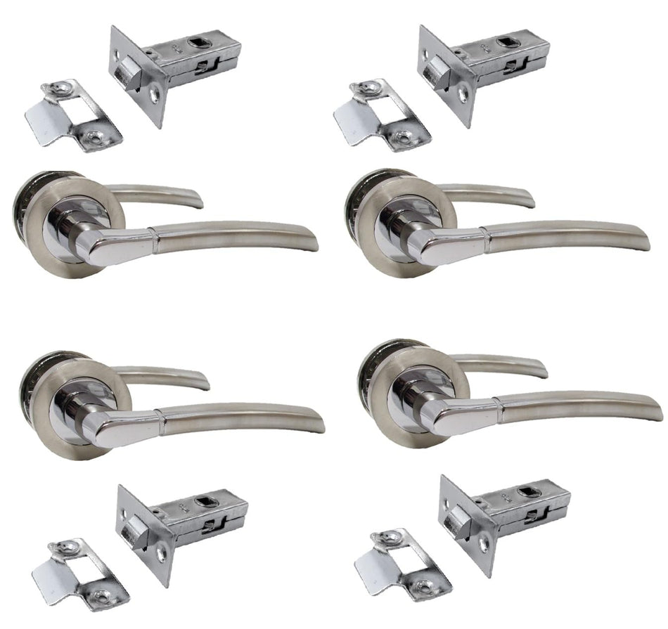 Epsom Door Handle Internal Chrome & Satin Duo Door Handles with Lock and Key - Bathroom Door Handles with Lock, Door Sets 4 Pairs, Lever on Rose Door Handle with Tubular Latch Diameter Approx 52mm