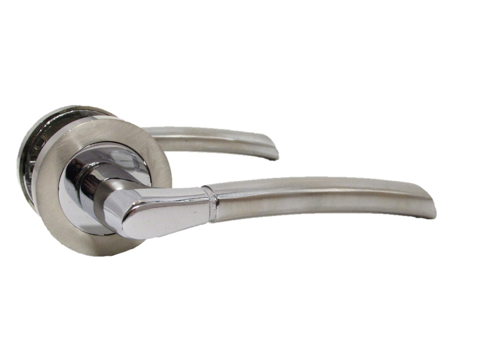 Epsom Door Handle Internal Chrome & Satin Duo Door Handles with Lock and Key - Bathroom Door Handles with Lock, Door Sets 6 Pairs, Lever on Rose Door Handle with Tubular Latch Diameter Approx 52mm
