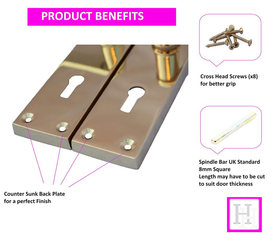 Victorian Straight Lever Latch Internal Lock Door Handles - Brass Plated Door Handles Internal, 150mm x 42mm Back Plate, 4 Pairs