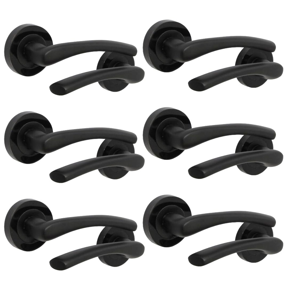 Zena Design Modern Matt Black Door Handles Internal & External Use - Lever Latch Handle with Black Nickel Rose, 6 Pairs