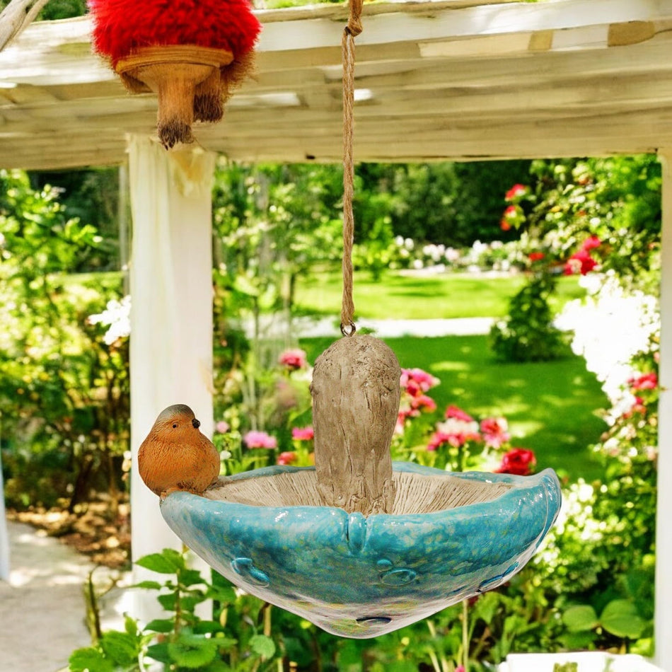 Blue Resin Mushroom Bird Feeder with Robin (15.5cm x 12.5cm x 15cm) – Decorative Hanging or Freestanding Bird Feeder for Garden, Patio & Outdoor Décor – Weather-Resistant Bird Feeding Station