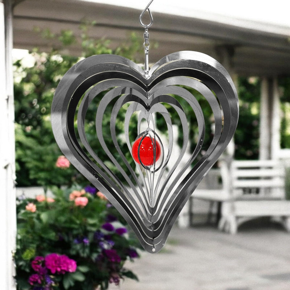 Love Heart Stainless Steel Hanging Wind Spinner – 34cm x 25cm | 3D Kinetic Metal Wind Sculpture & Outdoor Garden Ornament