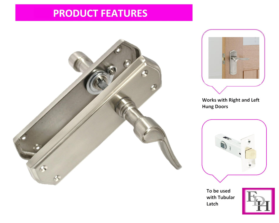 Satin Nickel Internal Door Handles with Long Back Plate - Stellar Design (1 Pair of Handles + Tubular Latch)