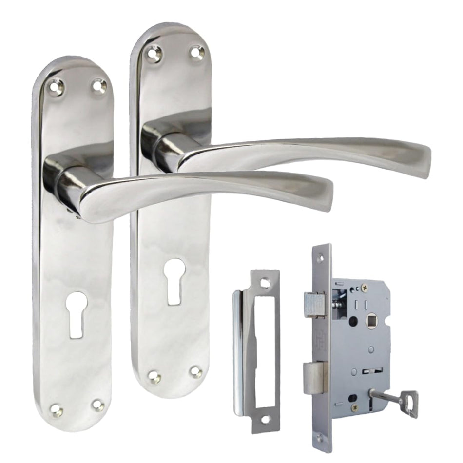 Epsom Door Handle Internal Polished Chrome Twist Door Handle Set and 3 Lever sash Lock, Interior Lock Lever on Long Back Plate, Privacy Lockable Handle for Bathroom, Bedroom, Front Door.
