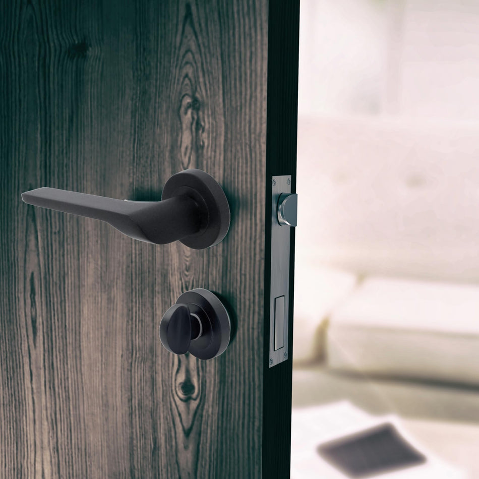 Modern Matt Black Lever on Rose Plate Door Handle Set with Tubular Latch – 6 Pairs, 52mm Round Rose Plate & 127mm Lever Handle – Contemporary Interior Door Hardware
