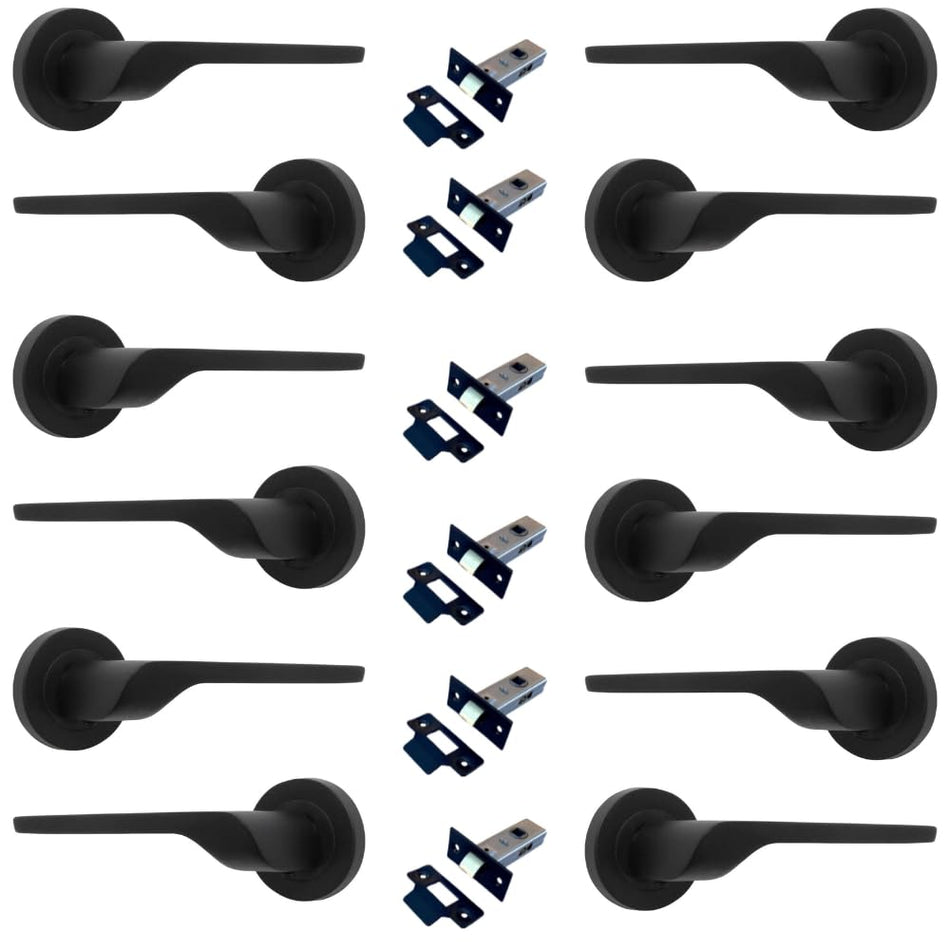 Modern Matt Black Lever on Rose Plate Door Handle Set with Tubular Latch – 6 Pairs, 52mm Round Rose Plate & 127mm Lever Handle – Contemporary Interior Door Hardware