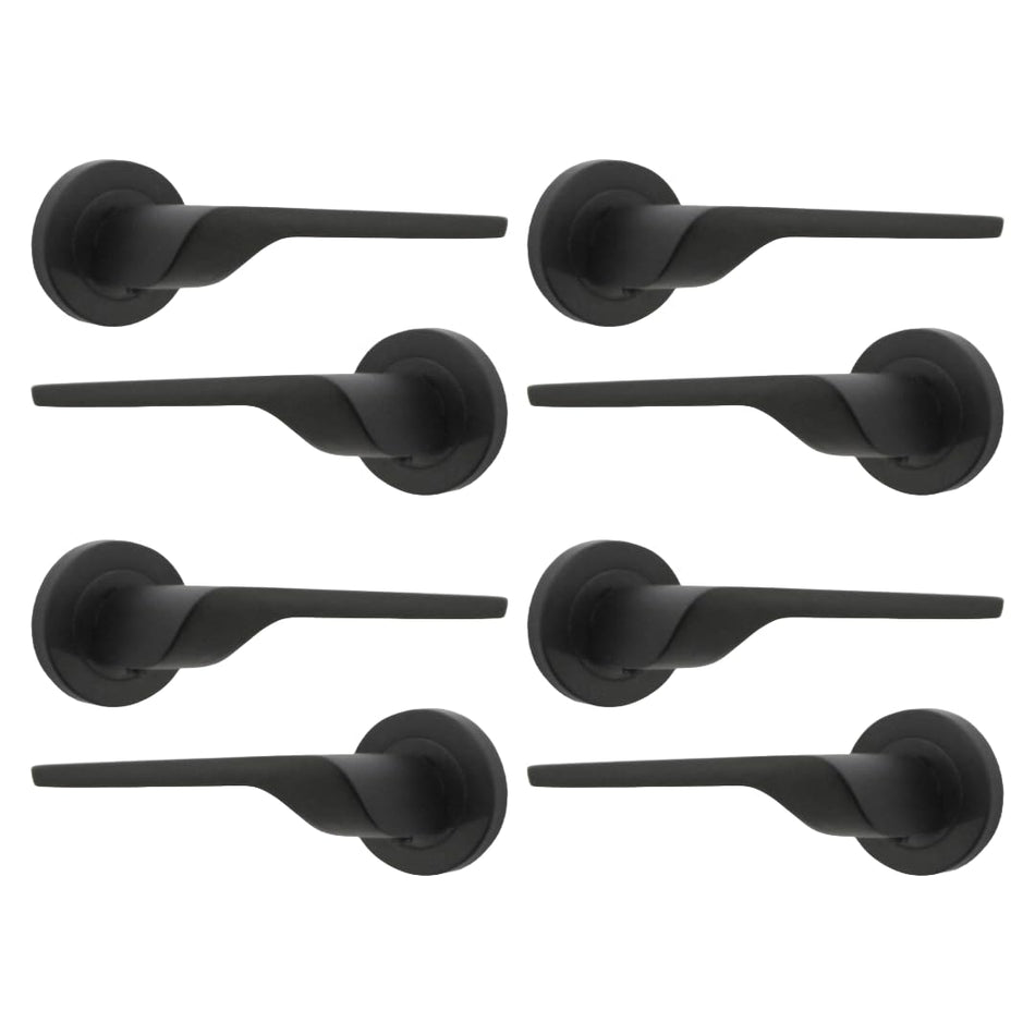 Modern Matt Black Lever on Rose Plate Door Handle Set – 4Pairs, 52mm Round Rose Plate & 127mm Lever Handle – Contemporary Interior Door Hardware