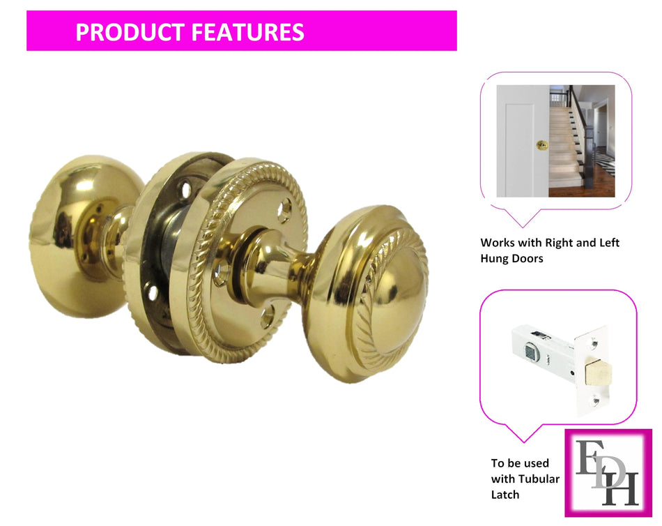 Brass Plated Round Door Knob Set & Tubular Latch - Georgian Style Sprung Internal & External Door Knobs for Mortice Locks & Tubular latches. (4 Pair Georgian MORTICE KNOBS)