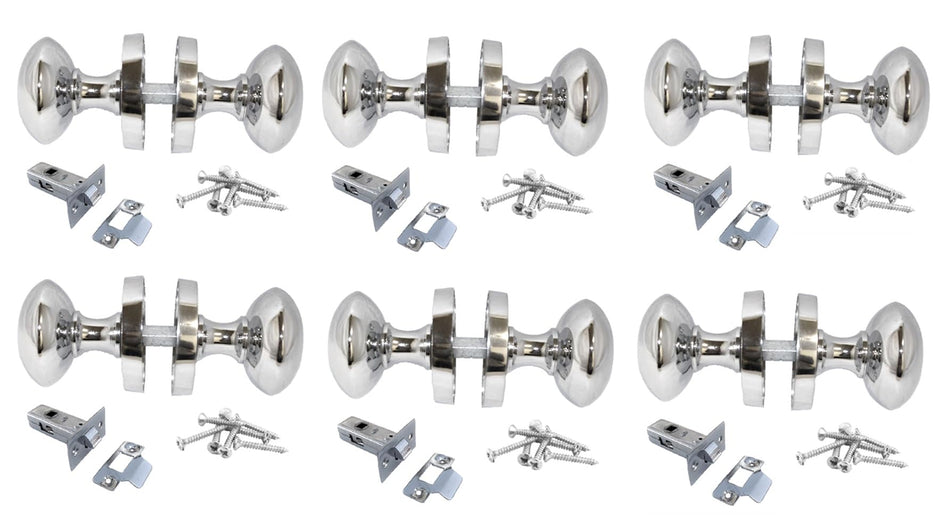 Polished Chrome Round Door Knob Set Including Tubular Latch - Victorian Style Sprung Internal & External Door Knobs for Mortice Locks & Tubular latches (6 Pair of KNOBS + Tubular Latch)