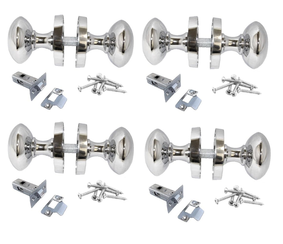 Polished Chrome Round Door Knob Set Including Tubular Latch - Victorian Style Sprung Internal & External Door Knobs for Mortice Locks & Tubular latches (4 Pair of KNOBS + Tubular Latch)