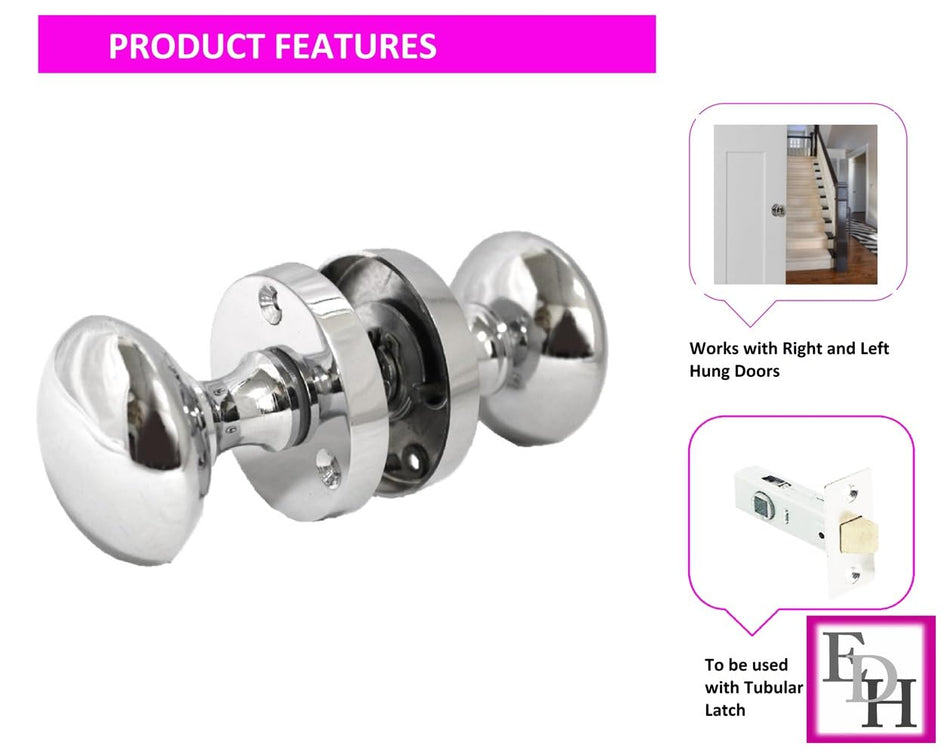 Polished Chrome Round Door Knob Set Including Tubular Latch - Victorian Style Sprung Internal & External Door Knobs for Mortice Locks & Tubular latches (6 Pair of KNOBS + Tubular Latch)