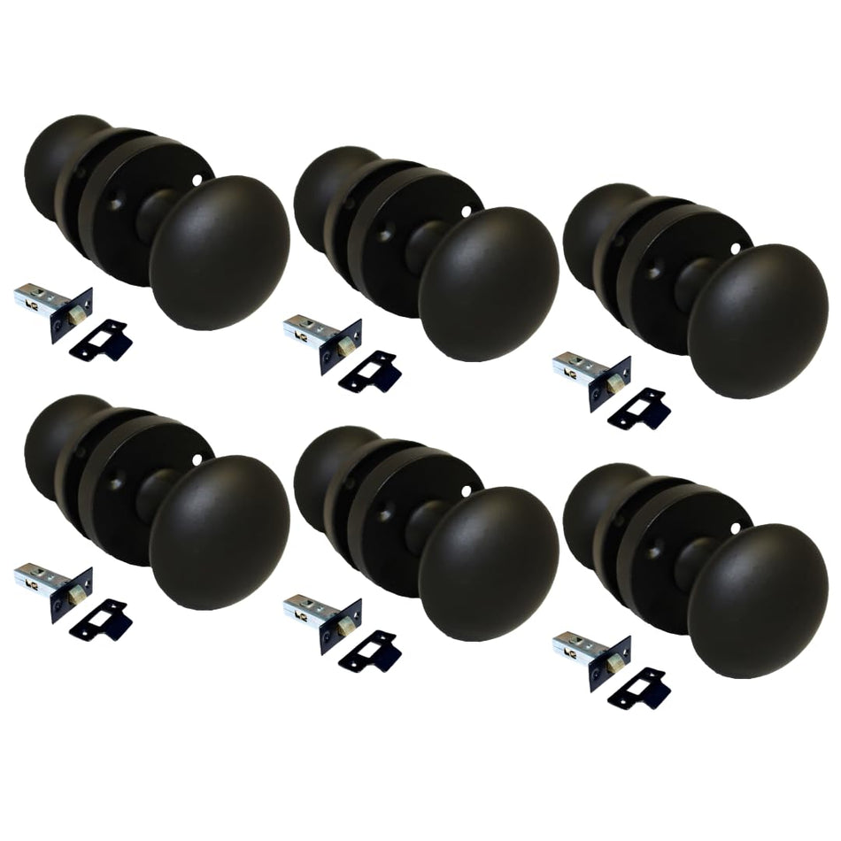 Matt Black Round Door Knob Set Including Tubular Latch - Victorian Style Sprung Internal & External Door Knobs for Mortice Locks & Tubular latches. Sets 6