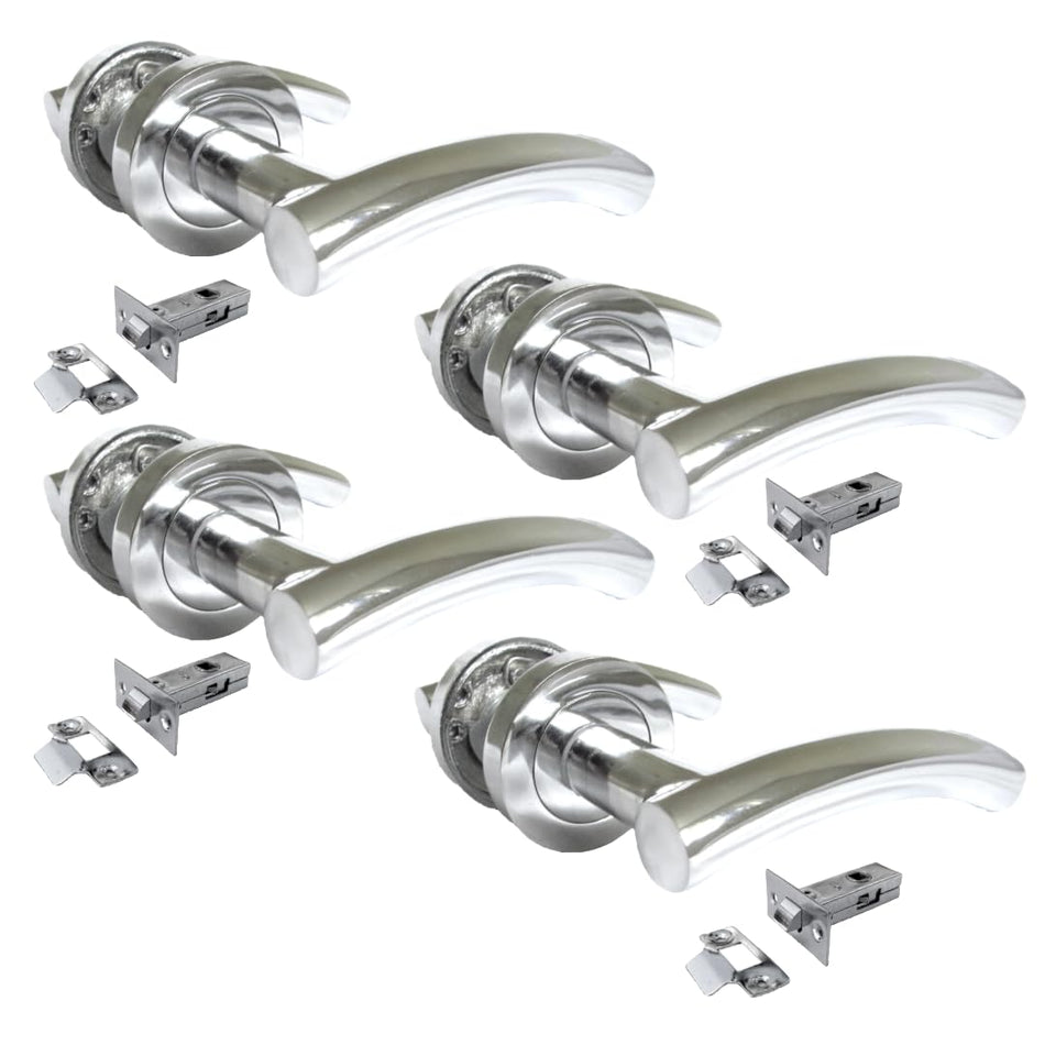 Arched T Bar Internal Latch, Essential Sets for Internal, Featuring Polished Chrome Finish, Door Latch Compatibility for Home & Office (4 Pair of Handles + Tubular Latch)