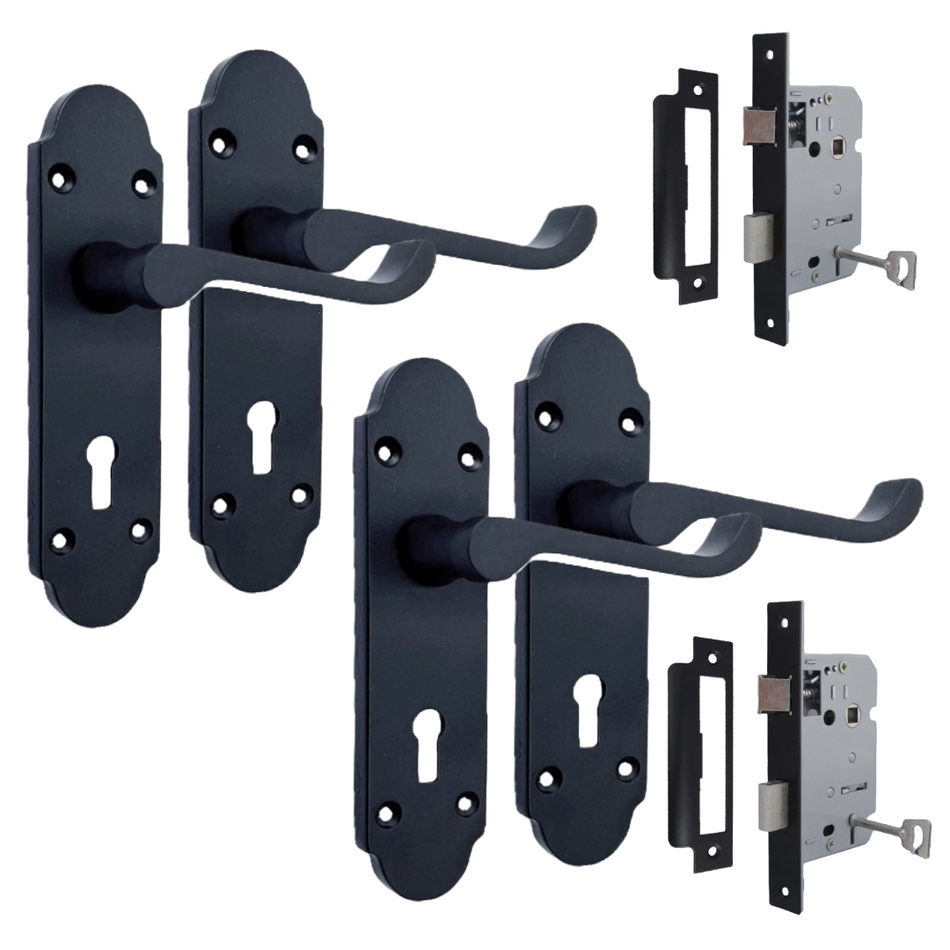 Epsom Matt Black Door Handles, Internal Handles with Bathroom Sash Lock 170mm 2 Pairs