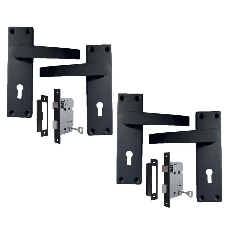Matt Black Door Handles Victorian Straight Lock Handles and Sash Lock 2 Pairs