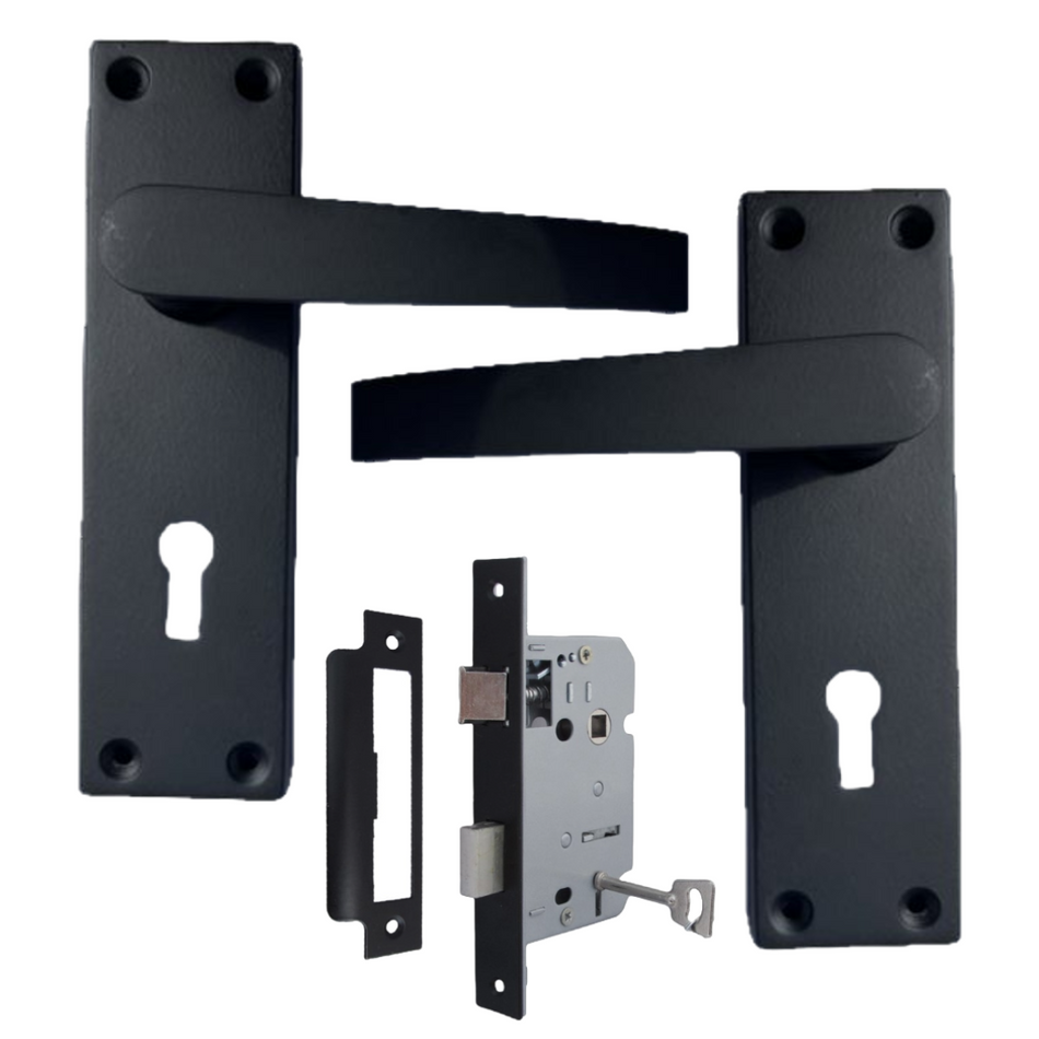 Matt Black Door Handles Victorian Straight Lock Handles and Sash Lock 2 Pairs