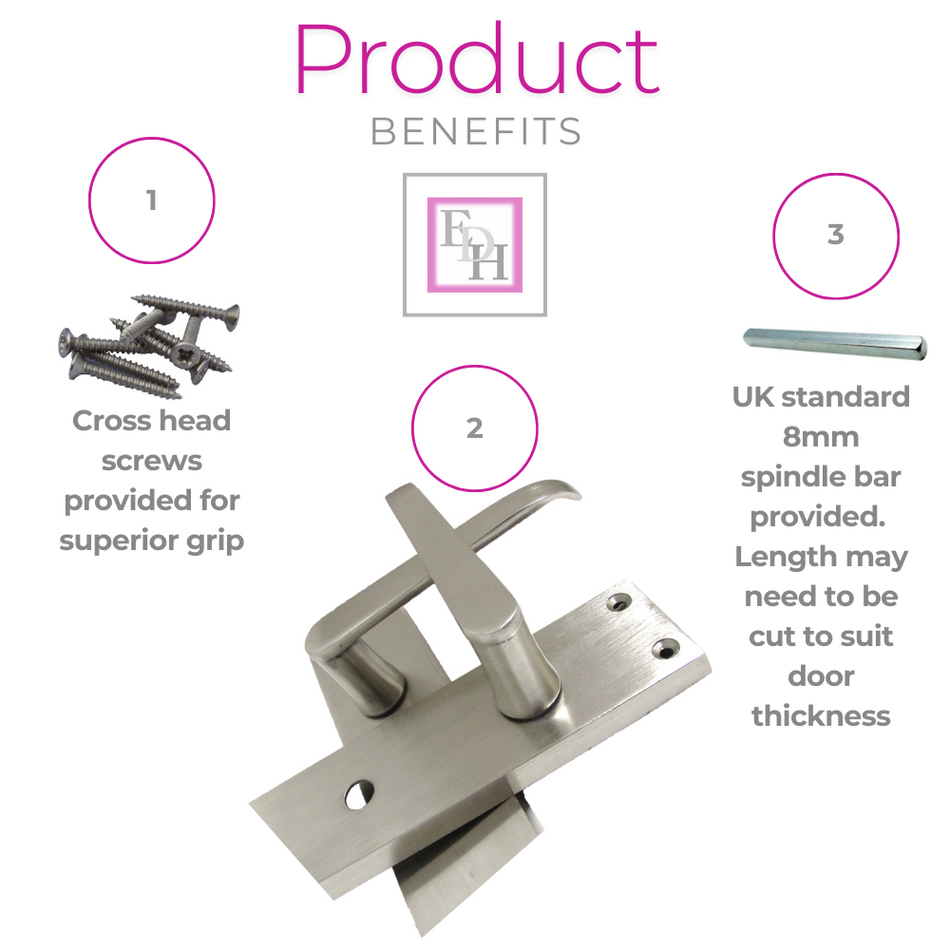 Victorian Straight Satin Nickel Interior Bathroom Door Handles + Bath Sash Lock, 2 Pairs