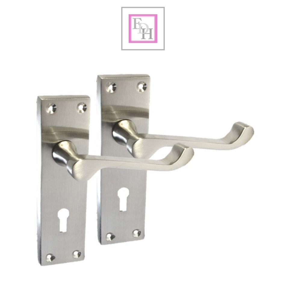 Satin Nickel Victorian Scroll Lock Door Handles + 3 Lever Mortice Sash Lock Set, 2 Pairs