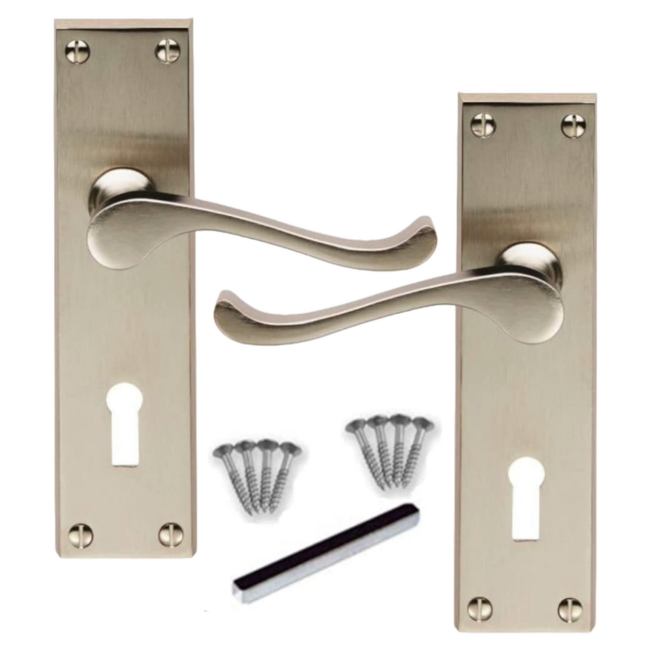 Victorian Scroll Satin Nickel  Lock Door Handles +3 Lever Sash Lock 150x42mm
