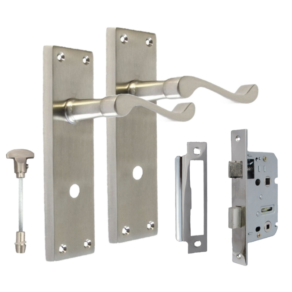 Victorian Style Satin Bathroom Door Handle with Privacy Lock + Bathroom SASH Lock