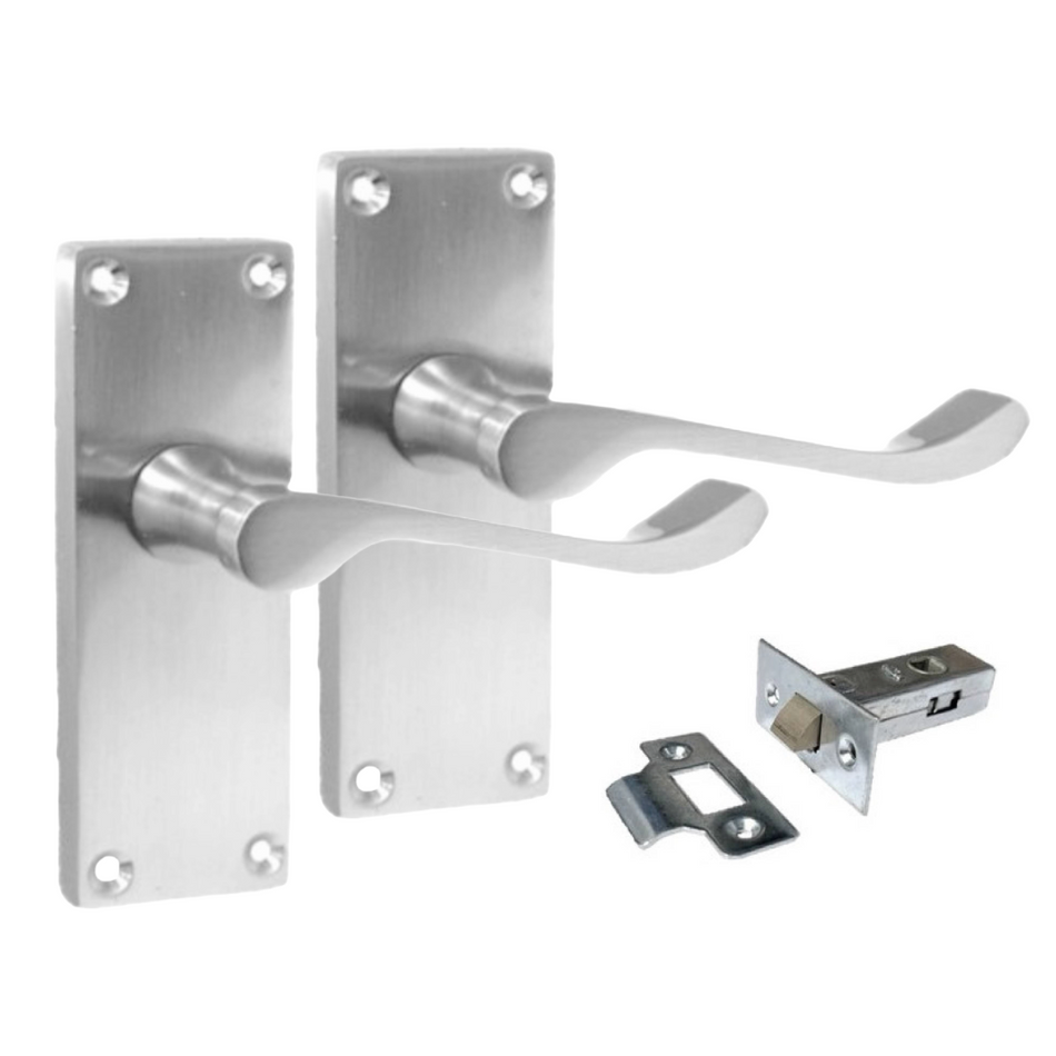 Satin Chrome Victorian Scroll lever Latch Modern Door Handles, 1 Pair + Tubular Latch