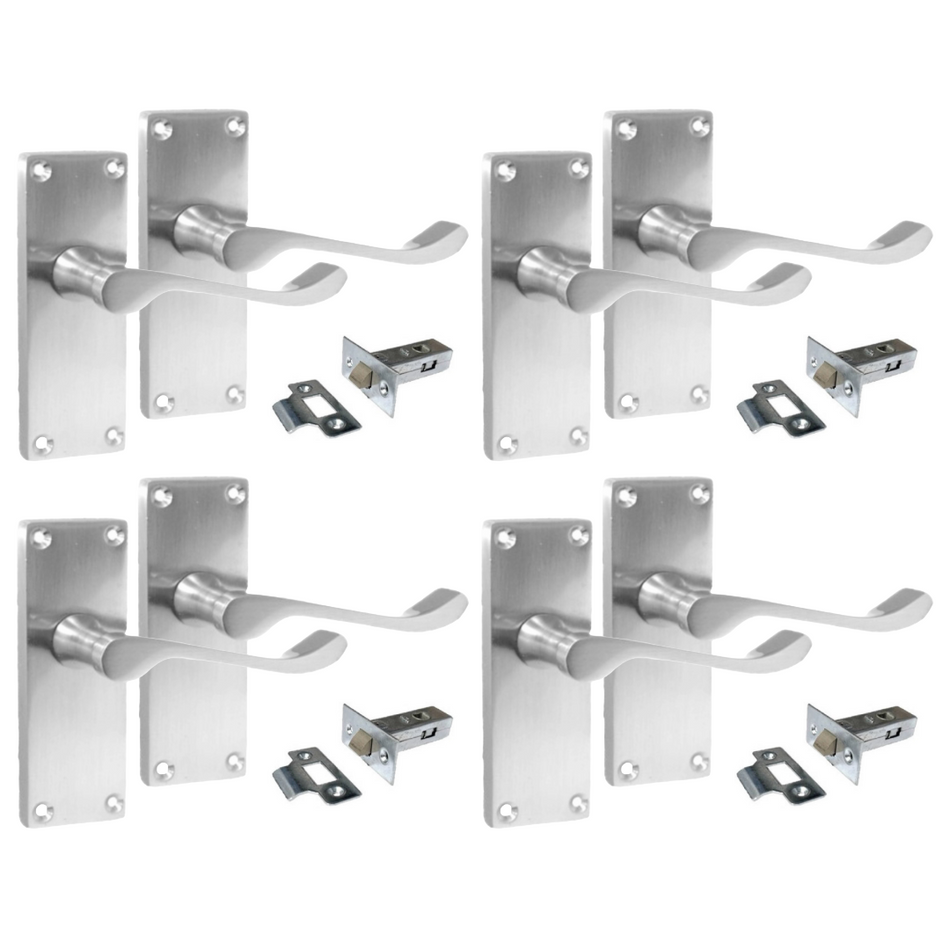 Satin Chrome Victorian Scroll lever Latch Modern Door Handles,  4 Pairs + Tubular Latch